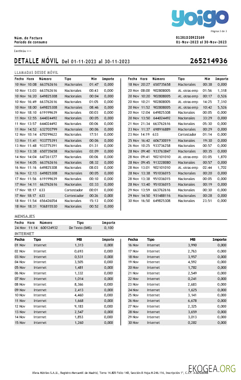 Spain Yoigo internet utility  bill in Word and PDF formats, 3 pages.